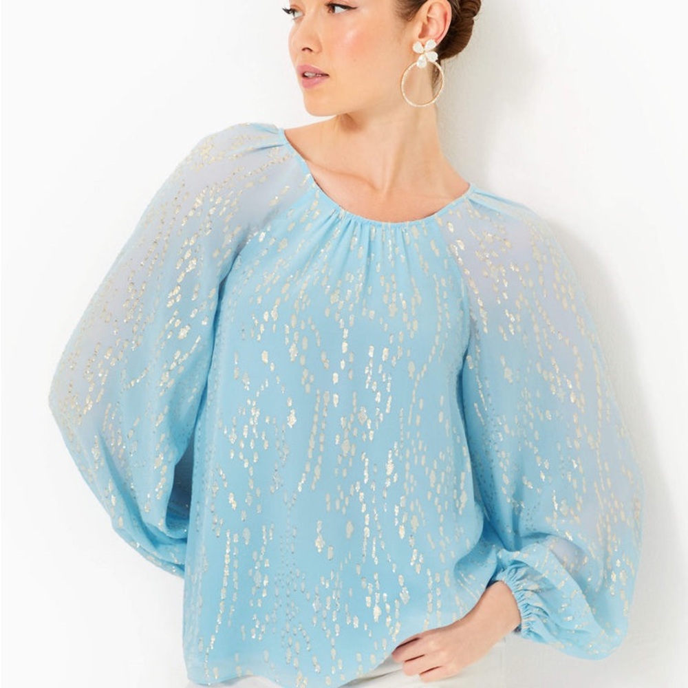 Lilly Pulitzer Noraleen Silk Blue Blouse with Gold Detail